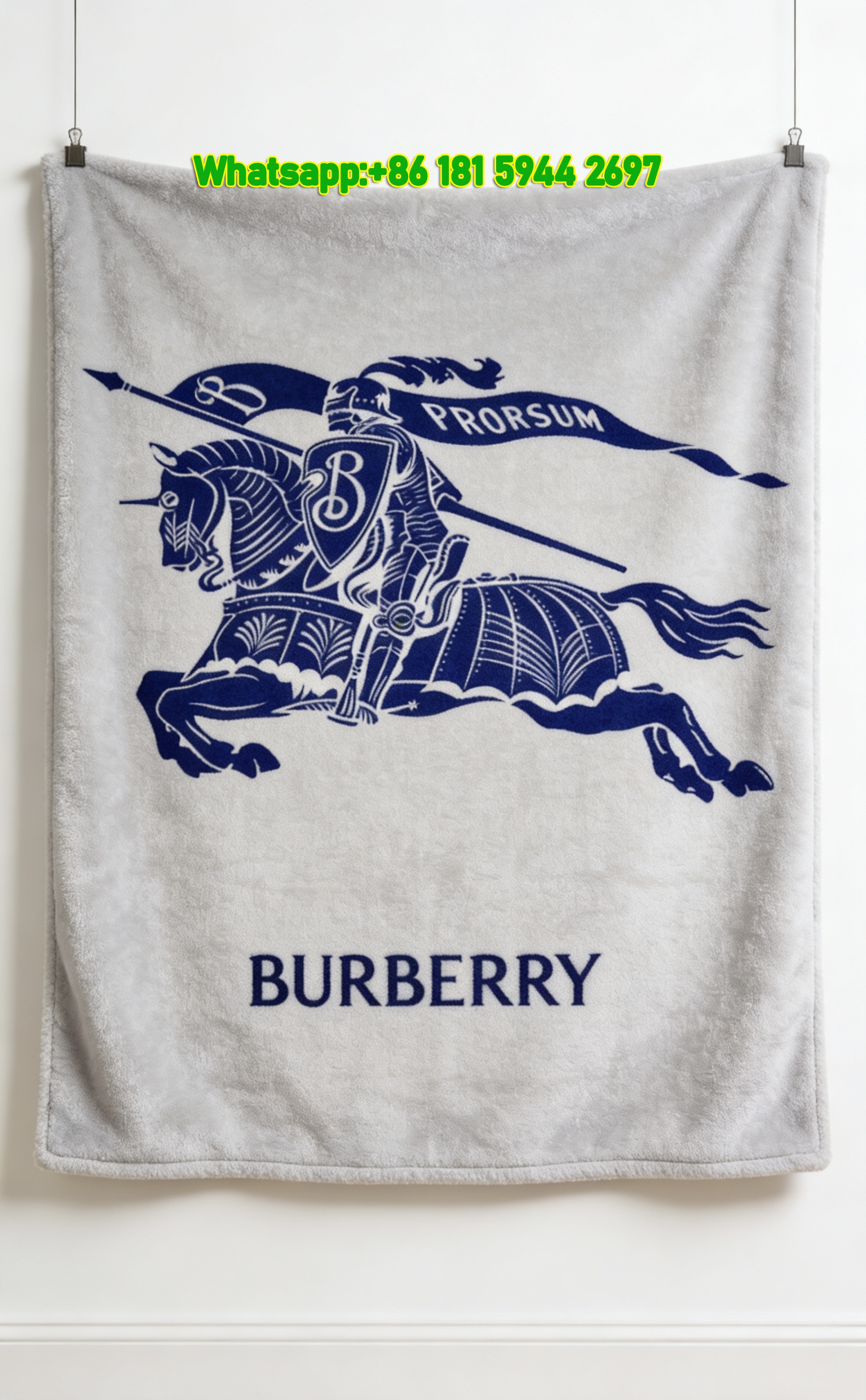 Burberry Blue Equestrian Knight Prorsum Flannel Sofa Throw Blanket B014